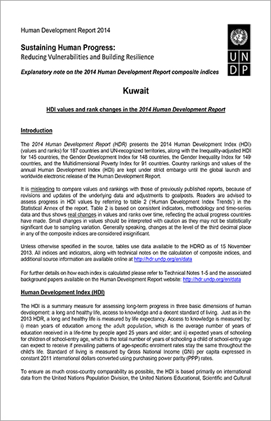 Kuwait - HDI Values and Rank Changes in the 2014, Human Development Report